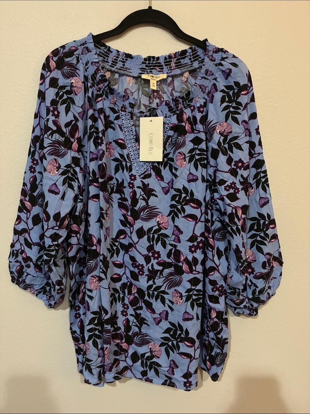 Light Blue Floral Smocked Neck Tunic Top by Como Blu - Picture 3 of 9